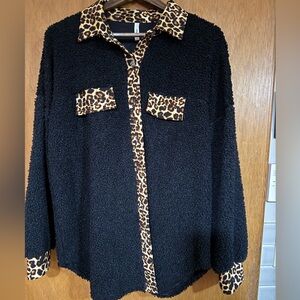 Women's Black Fuzzy Jacket with Leopard Accents Super Cute